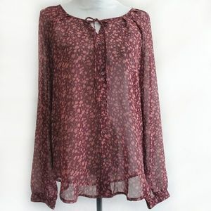 Old Navy Wine/Blush Floral Print Sheer Blouse